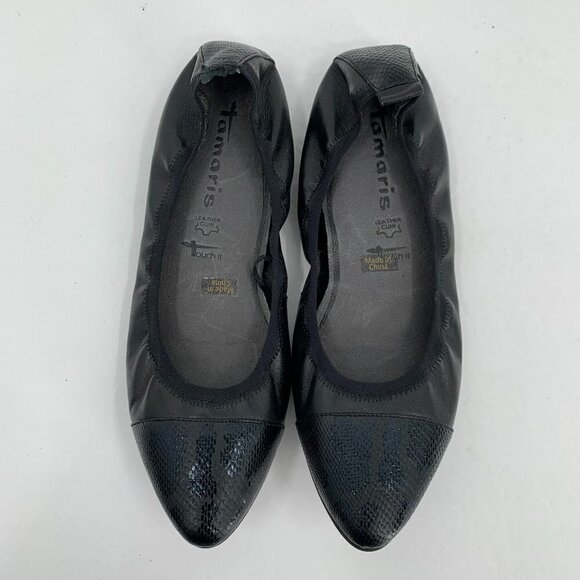 Tamaris comfort pointed toe ballet flat spectator black leather snake shoe 39 8 - Picture 1 of 7